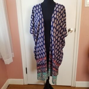 ANGIE Boho Open Front Blue Floral Kimono Swim Cover Up Medium